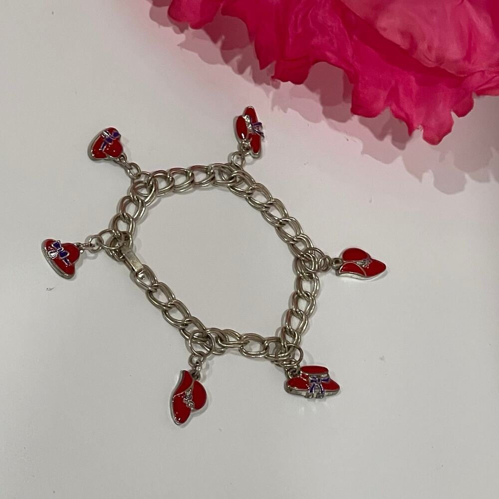 Silver Red Hat Lady Charm Bracelet 6 Charms Vintage